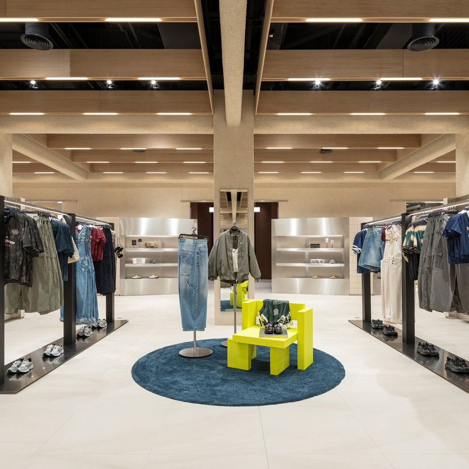 Special furniture and wooden slats on ceiling